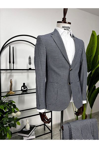 AGUSTİNİ Blue White Patterned 2-Piece Suit Mono Collar Bag Pocket Slim Fit Mold |   Agustini