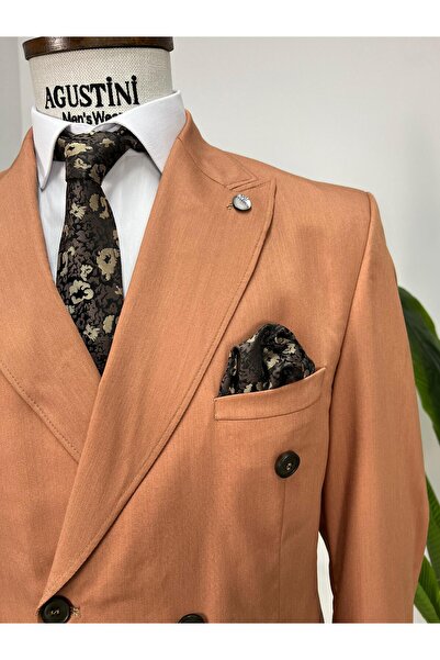 AGUSTİNİ Kremit Renk Kruvaze 2Lİ Takım Elbise Sivri Yaka Slim Fit Kalıp | Agustini