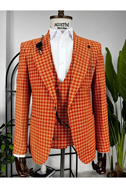 AGUSTİNİ Turuncu Ekose Kombinli 3Lü Takım Elbise Sivri Yaka Torba Cep Slim Fit Kalıp | Agustini