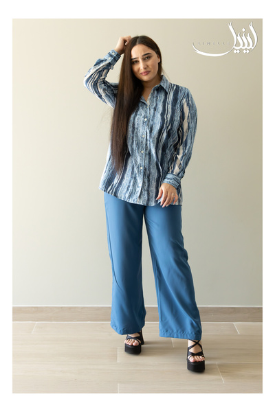 LINELLE طقم بنطلون نسائي منسق - قميص مطبوع وبنطلون بلون موحد بأكمام طويلة