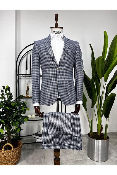 AGUSTİNİ Blue White Patterned 2-Piece Suit Mono Collar Bag Pocket Slim Fit Mold |   Agustini