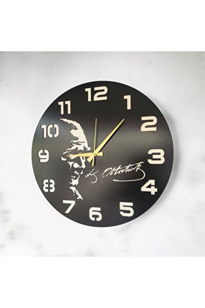Dekorobi Atatürk Imza Ahşap Siyah Renk Sade Sayılı Hediyelik Sessiz Duvar Saati 40cm