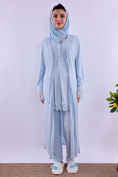 ByLohusa Effortt Mavi Tesettürlü Sabahlıklı Hamile Lohusa Pijama Takımı Byl2t80242