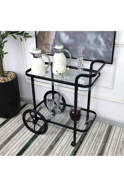 private house Matte black Taiwanese glass steel tea trolley