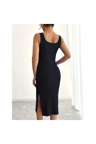 JANES Strappy Square Neck Side Slit Midi Camisole Dress-S-M - Black