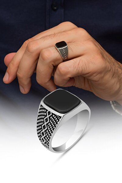 ALYANSEVİM Siyah Oniks Taşlı Kare Tasarım 925 Gümüş Yüzük