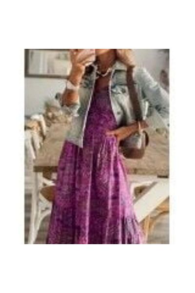 JANES Short Sleeve V-Neck Waist Gimped Patterned Single Jersey Maxi Dress-Purple - S-M