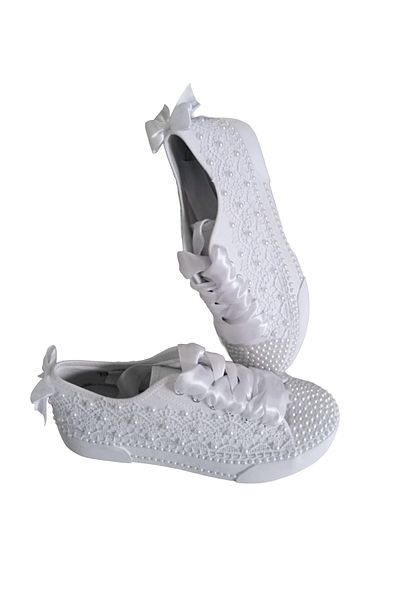 lae Handcrafted White Lace & Pearl Sneakers – Elegant, Feminine & Comfortable - Size 37