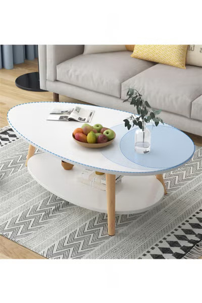Taimi Oval Wooden Table, Modern Design Home Table with 2 Storage Layers Coffee Table 90x50x42cm - White