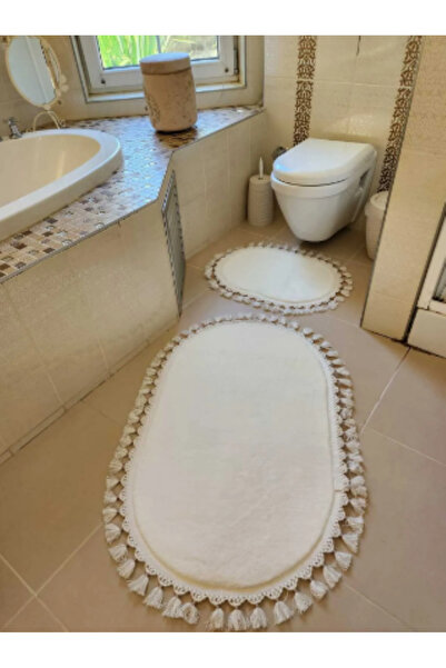 SERİA HALI Yıkanabilir Saçaklı Kaymaz Dot Taban Yumuşak Peluş Banyo Paspası 2'li Set 60x100ve40x60cm