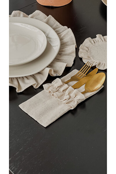 KaiHome Natural Keten Fırfırlı 3 Bölmeli Çatal-Kaşık-Bıçak Kılıfı 2Li