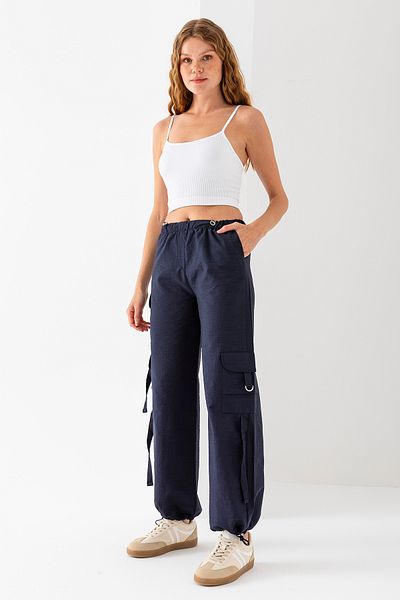 GİYSA Women's Cargo Pocket Parachute Trousers with Stopper in Waist and Leg Navy Blue - 25664