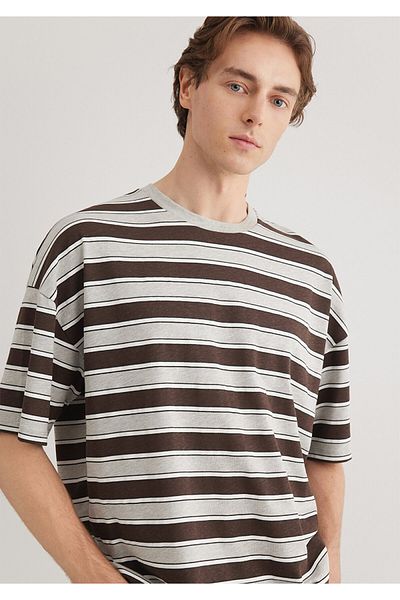 Mavi Braun gestreiftes T-Shirt in Übergröße / Breite Passform 0612478 -80196