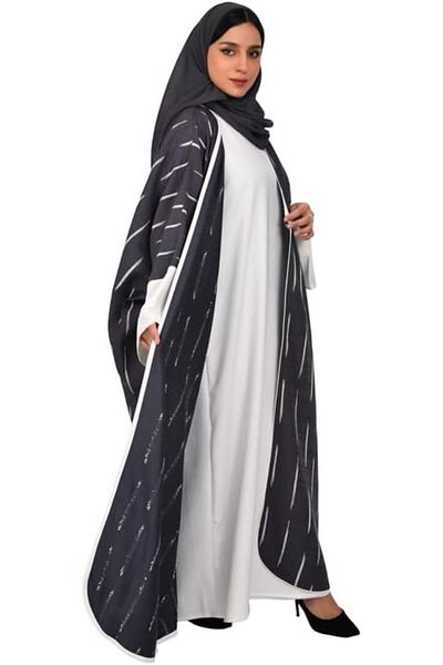 HAWRAA Grey abaya with white stripes and white dress
