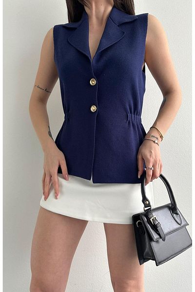 fujya Knitwear Vest Gold Buttoned Navy Blue