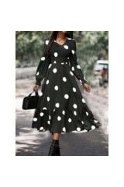 JANES Long Sleeve V-Neck Elastic Waist Polka Dot Long Crepe Dress-Black - S-M
