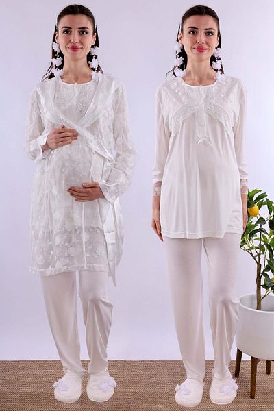 ByLohusa Effortt Ecru Lace Dressing Gown Pajama Set Byl 211252