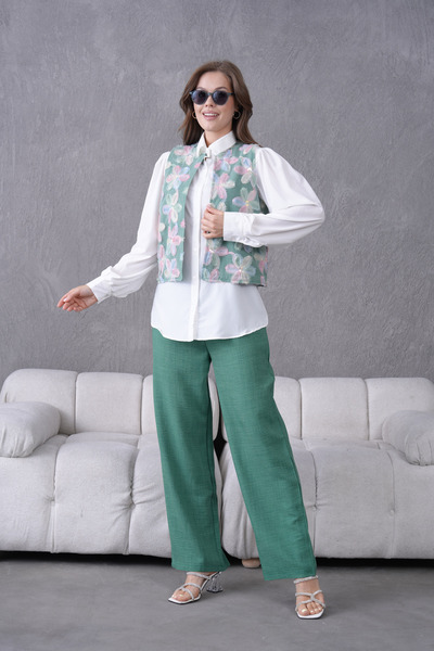 Miss Allos Women's Tulle Floral Embroidered Linen Vest and Pants Bottom Top Set