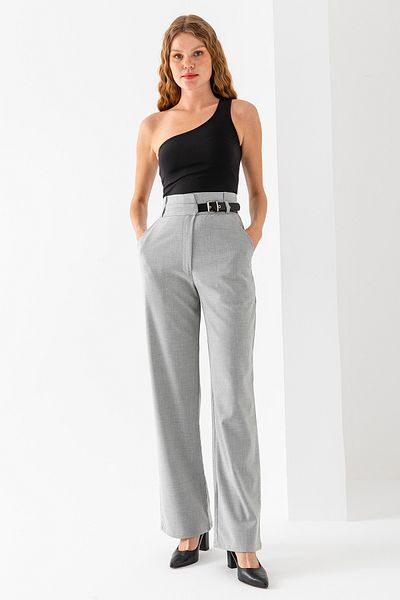 GİYSA Women's Belt Detailed Double Pocket Palazzo Trousers Light Gray - 2138