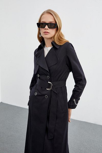 Zühre Chain and Belt Detailed Black Trench Coat 12615