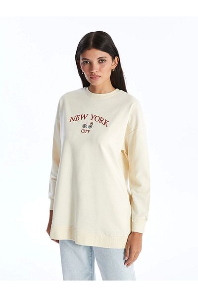 LC Waikiki Γυναικείο φούτερ LCW Modest Beige Crew Neck Κεντημένο Μπλουζάκι