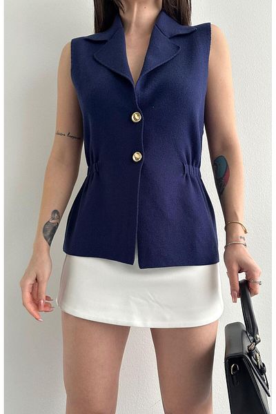 fujya Knitwear Vest Gold Buttoned Navy Blue