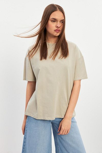 Setre Beige Crew Neck Oversize Plain T-Shirt