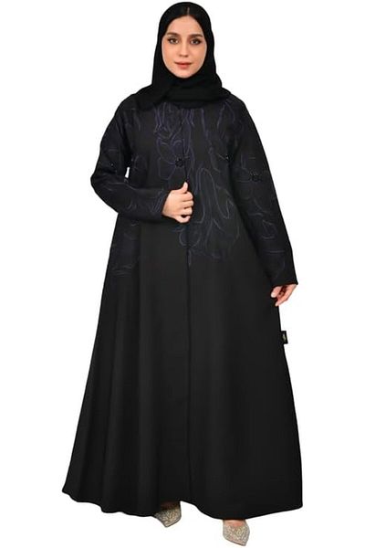 HAWRAA Black quarter abaya with luxurious blue embroidery and simple beads