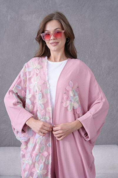 Miss Allos Women's Tulle Flower Embroidered Stone Detailed Kimono and Trouser Top Set