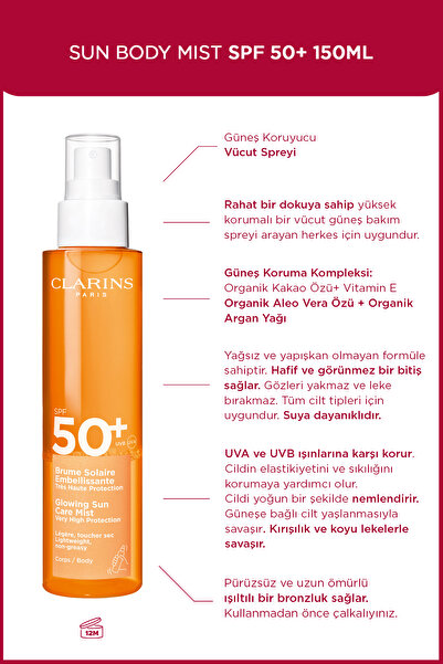 Clarins SUN BODY MIST SPF50+ 150ML -Parlak bitişli güneş bakım spreyi - Çok yüksek koruma SPF50+
