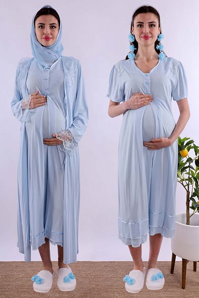 ByLohusa Effortt Blue Hijab Dressing Gown Maternity Maternity Nightgown Set Byl2T80252