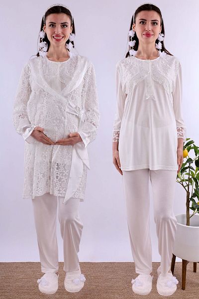ByLohusa Effortt Ecru Lace Dressing Gown Pajama Set Byl 211202