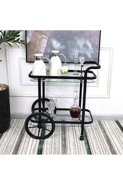 private house Matte black Taiwanese glass steel tea trolley