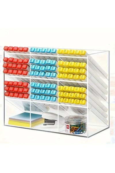 Pleksi Marketi Transparent Plexiglass 12 Compartment Pen Organizer - Marker Organizer - Plexiglass Desktop Organizer