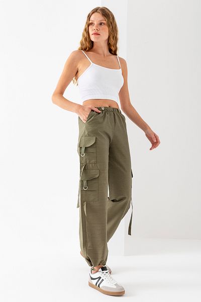 GİYSA Women's Cargo Pocket Parachute Trousers with Stopper in Waist and Leg Green - 25664