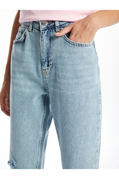 LC Waikiki Xside Blue High Waist Mom Fit Women's Jean Pants with Ripped Detail
