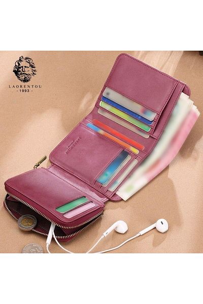 Laorentou Santorelli Genuine Leather Italian Made Gold Buckle Zippered Women's Wallet - Women's Card Holder