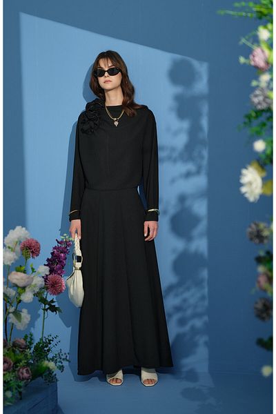 Fatma Atasoy Black Crepe Double Set with Shoulder Flounce