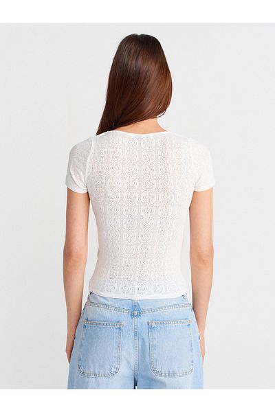 Dilvin 10755 Short-Sleeved Lace Textured Thin Knitwear Blouse-Ecru