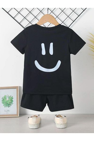 vinraus Girl\Boy Navy Blue Minimal Smile Back and Front Printed Shorts-Tshirt Set