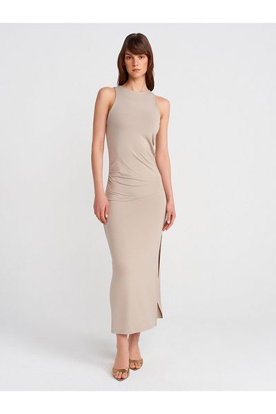 Dilvin 91458 Gathered Midi Dress-Beige