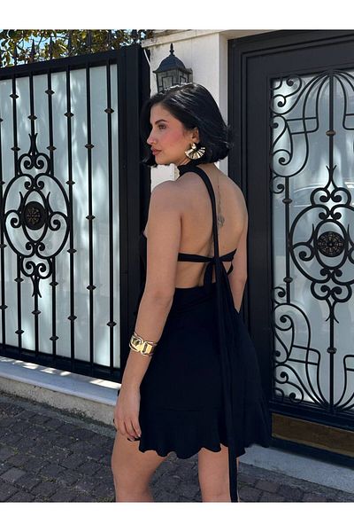 MY LİKA Sandy Fabric Mini Plired Halter Women Dress