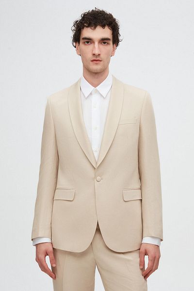 Twn Slim Fit Beige Plain Tuxedo Suit
