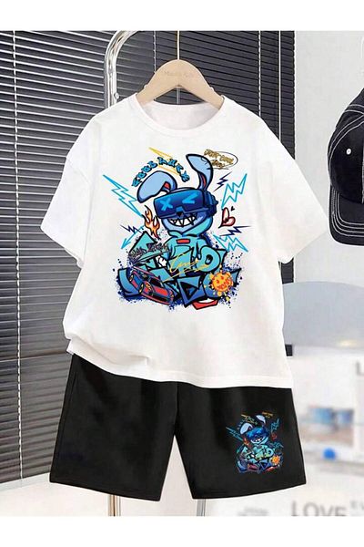 vinraus Girl\Boy White-Black Cool Lightning Teddy Bear Printed Combed Cotton Shorts-Tshirt Set