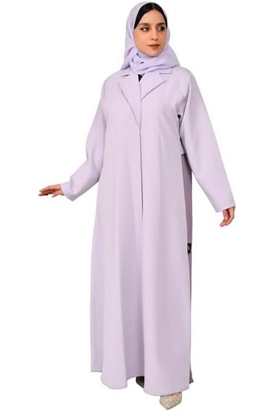 HAWRAA Light purple blazer abaya with dark purple additions and pleats