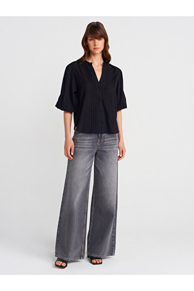 Dilvin 5807 Nervür Detaylı Balon Kol Gömlek-Siyah