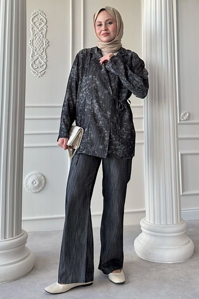 InStyle Denim Look Jacquard Anthracite Kimono Set