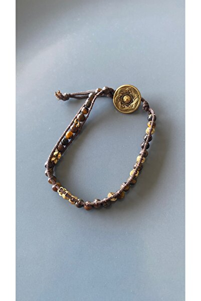 dela otantik El Yapımı doğal taşlı Bileklik – Kaplan Gözü Taşı ve Pirinç Detaylı İpli Otantik Bohem Bijuteri Takı