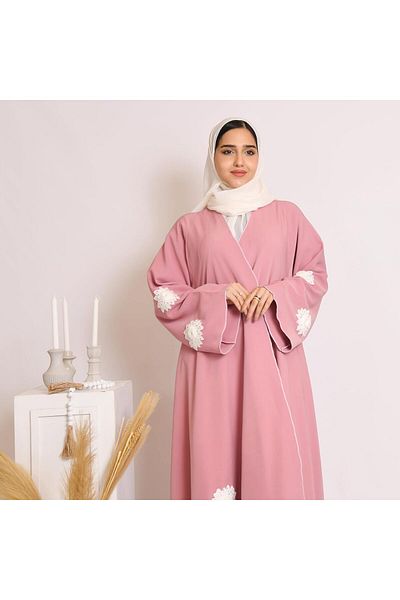 HAWRAA Loose pink abaya with wide sleeves and white lace flowers