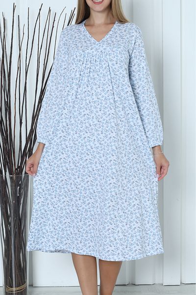 Nicoletta Plus Size Cotton Blue Long Tunic - Long Nightgown, Sleeves